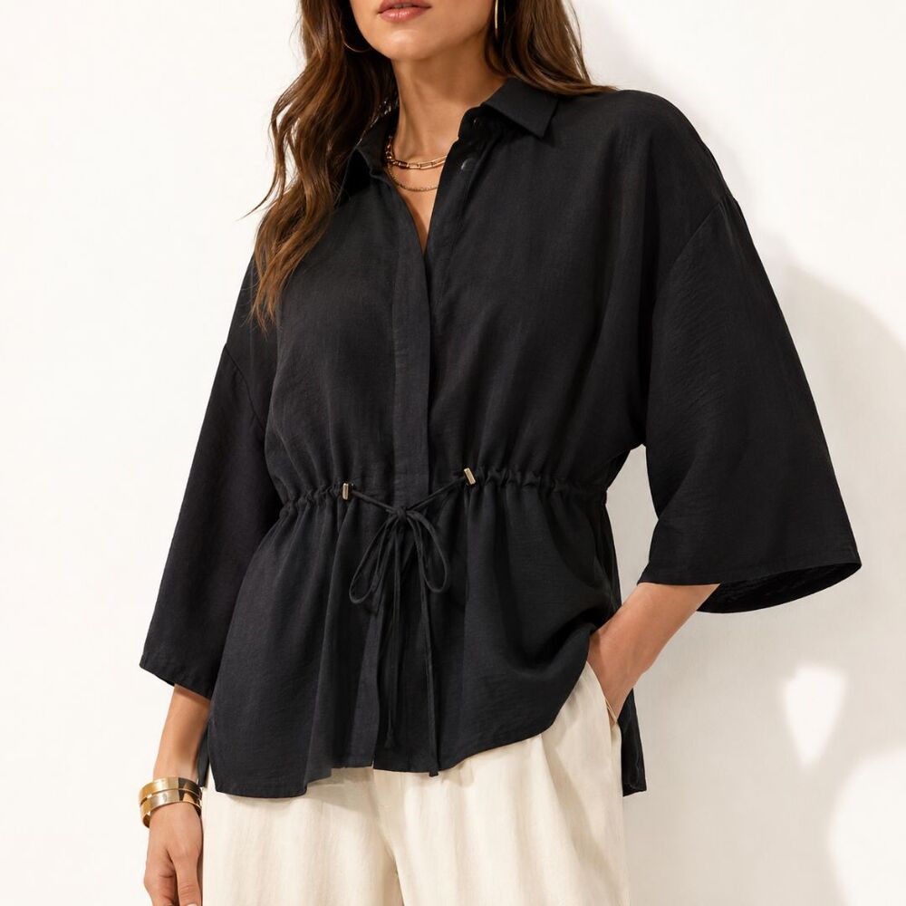 NWT European Minimalist Drawstring Waist Blouse Top Black Dolman Sleeve M UK 8